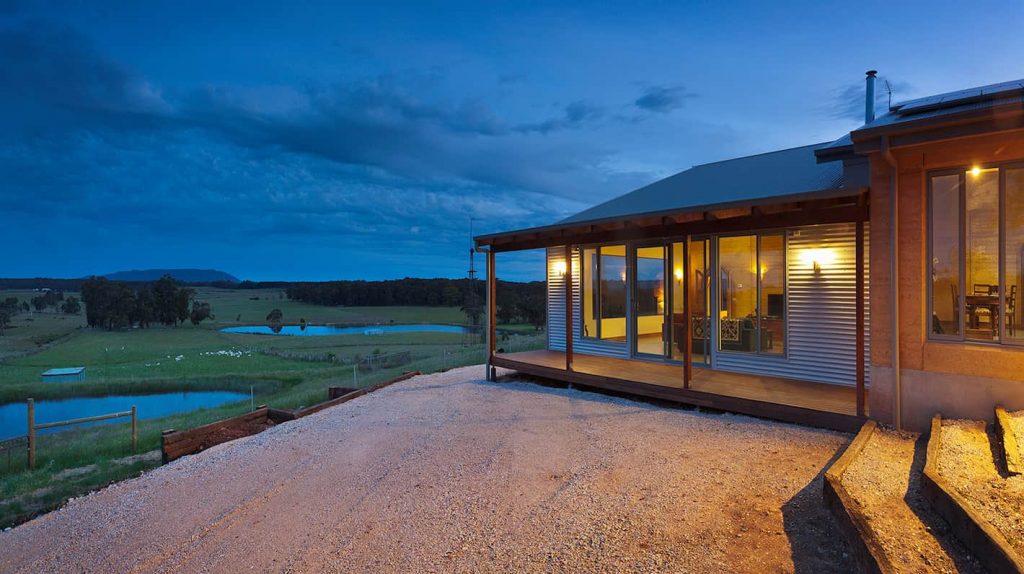 View from sustainable farmhouse at night